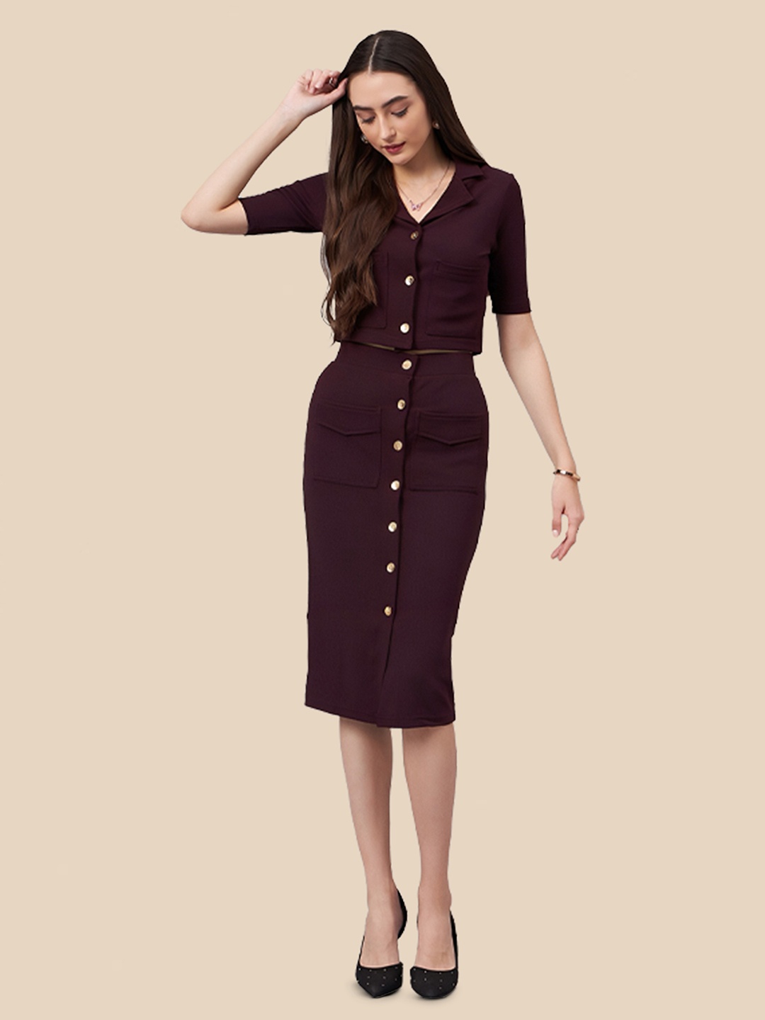 

N N ENTERPRISE Notch Lapel Collar Top With Pencil Skirt, Purple
