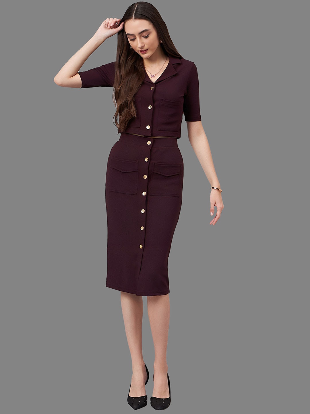 

N N ENTERPRISE Shirt Collar Coat With Skirt Co-Ords, Purple