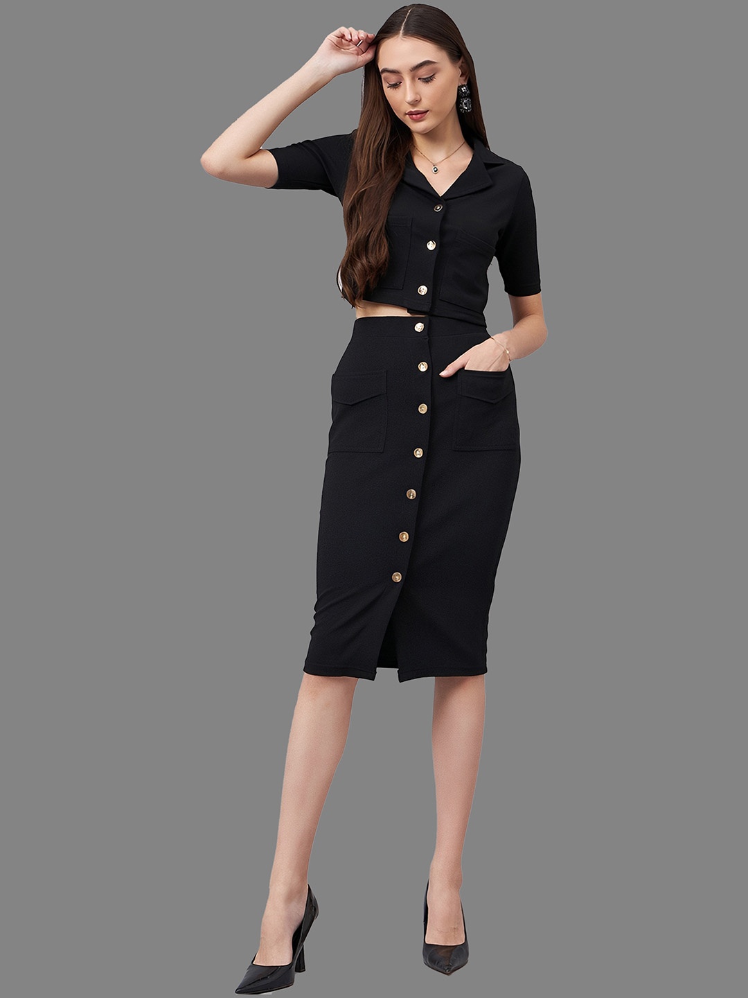 

N N ENTERPRISE Shirt Collar Top With Skirt Co-Ords, Black