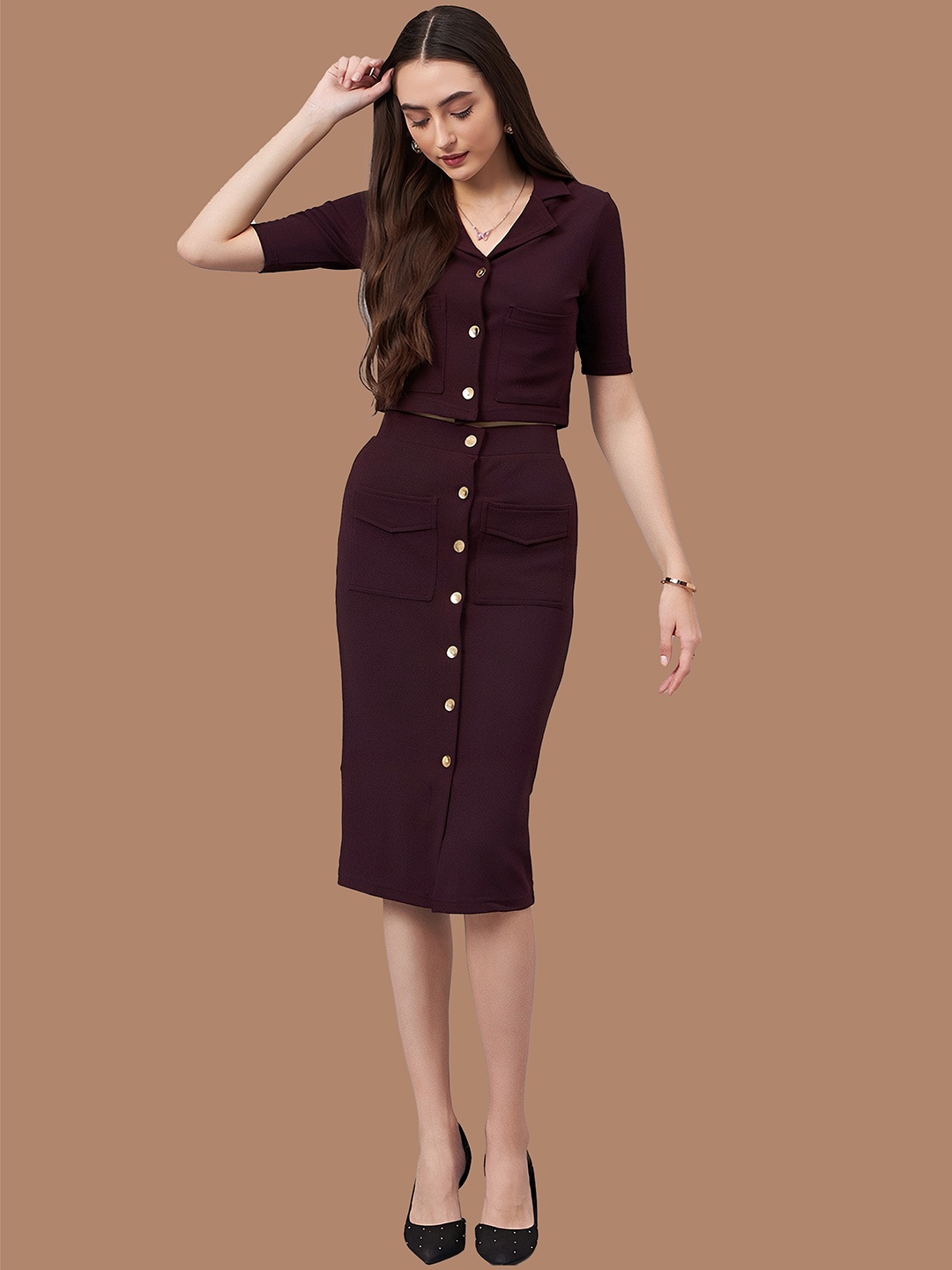 

N N ENTERPRISE Shirt Collar Coat With Skirt Co-Ords, Purple