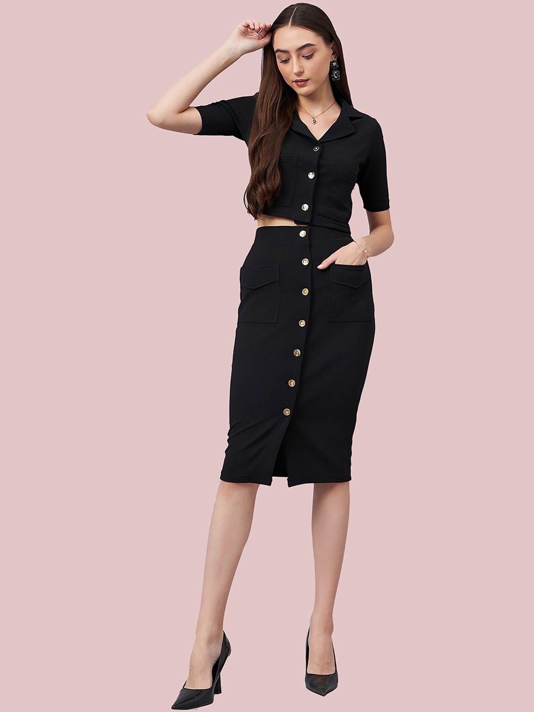 

N N ENTERPRISE Shirt Collar Coat With Skirt Co-Ords, Black
