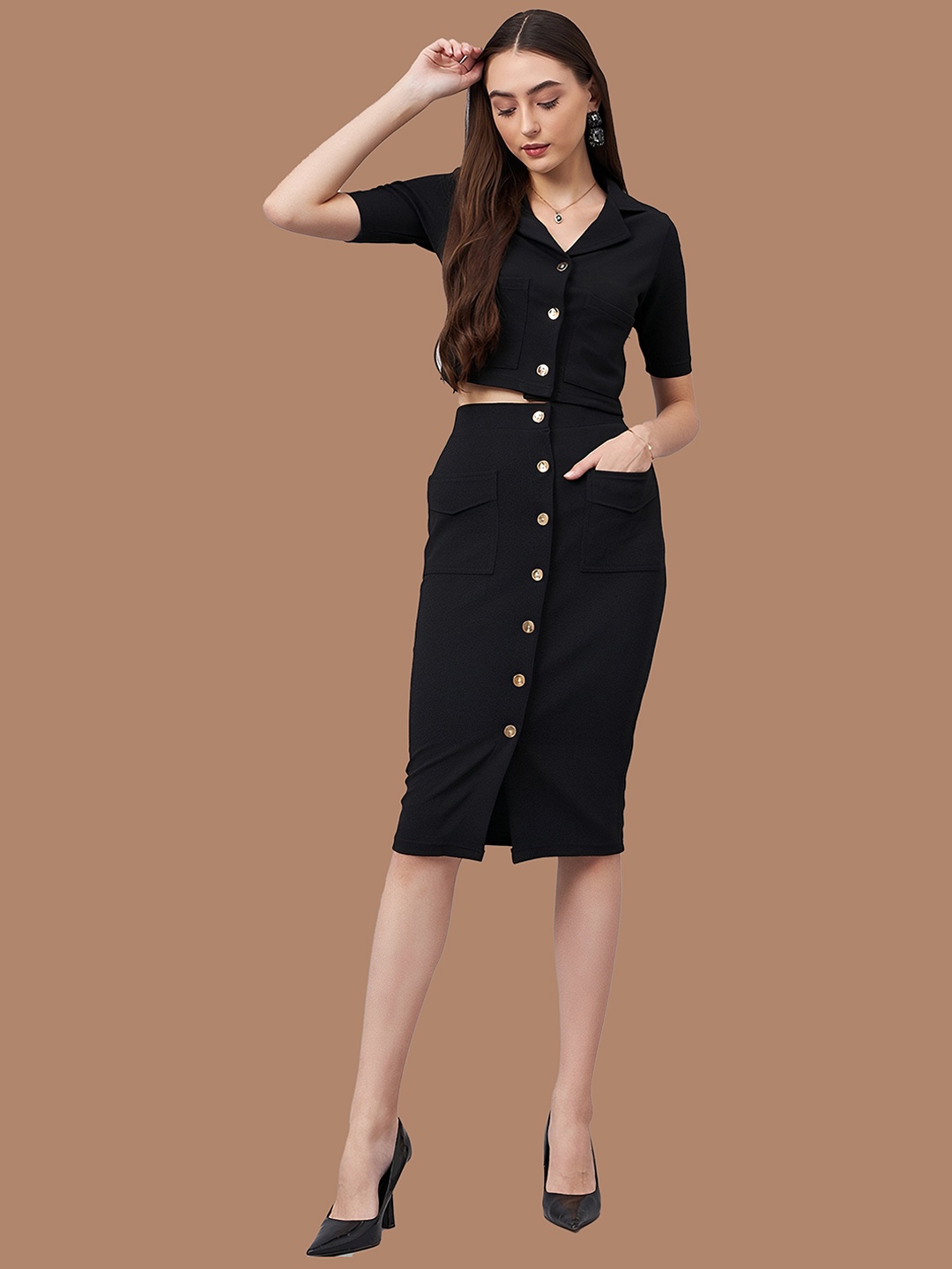 

N N ENTERPRISE Shirt Collar Coat With Skirt Co-Ords, Black