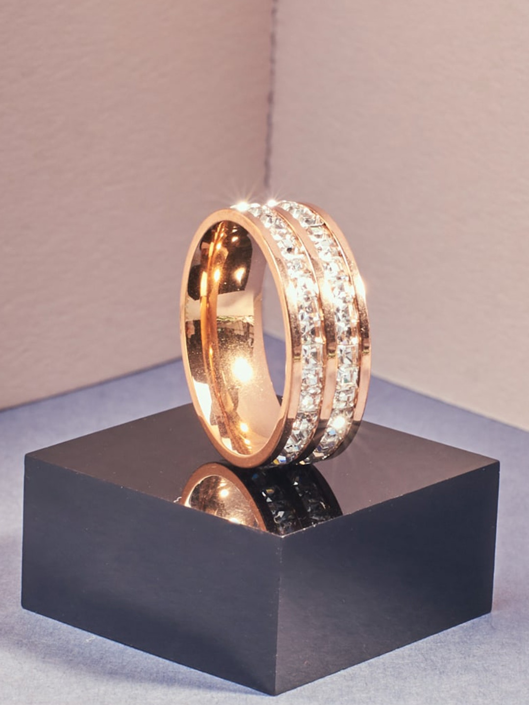 

SALTY Men Stainless Steel American Diamond Studded Ring, Rose gold