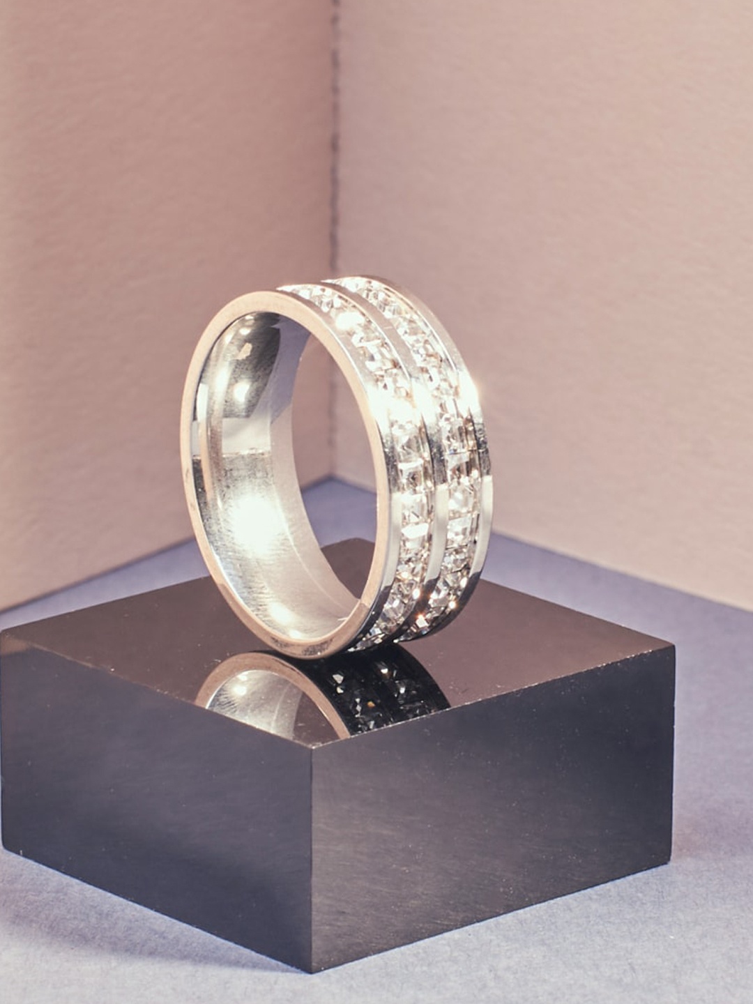 

SALTY Men Stainless Steel Artificial Stones Studded Euros Silver Diamond Ring