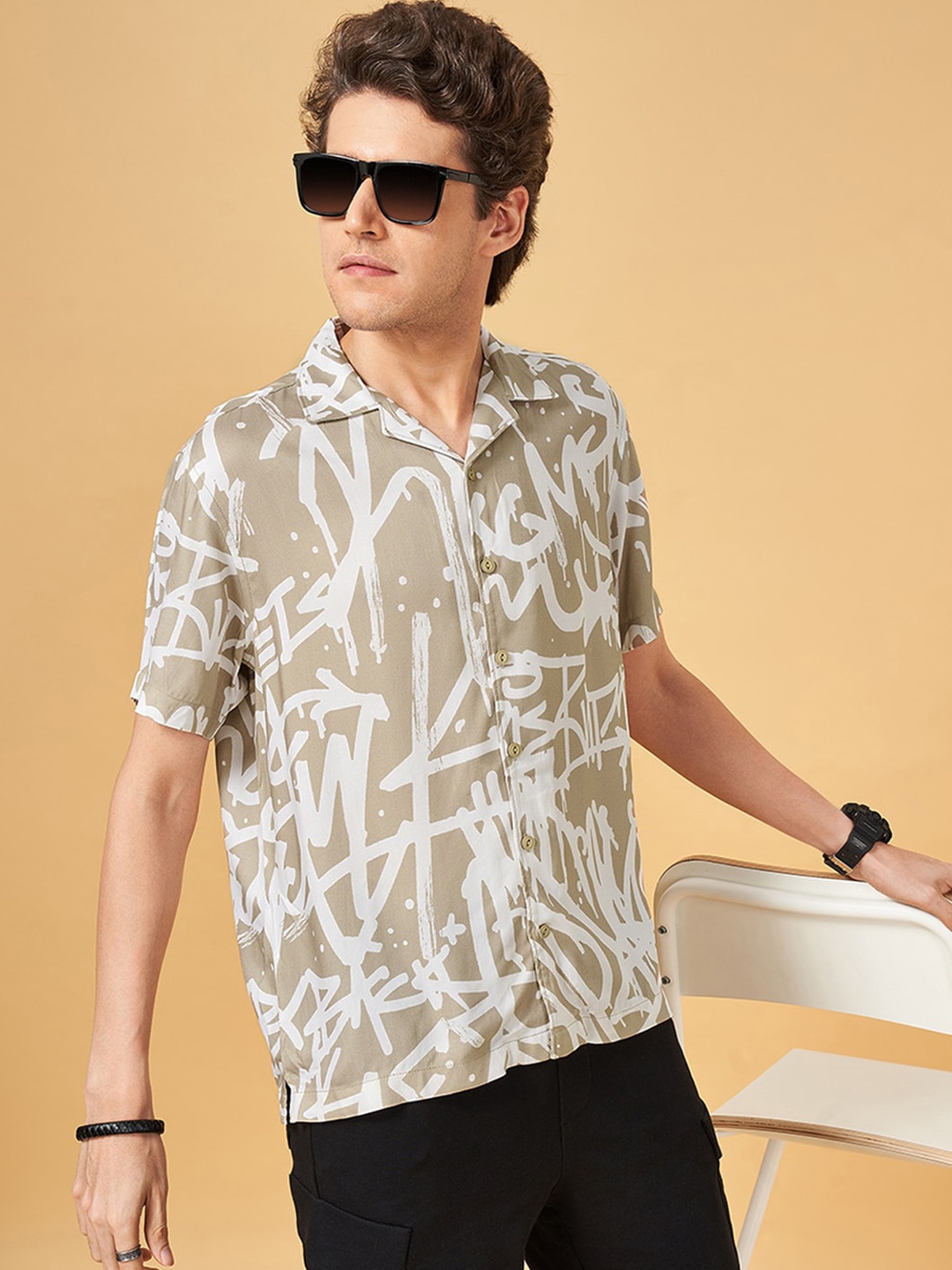 

People Men Abstract Printed Slim Fit Opaque Casual Shirt, Khaki