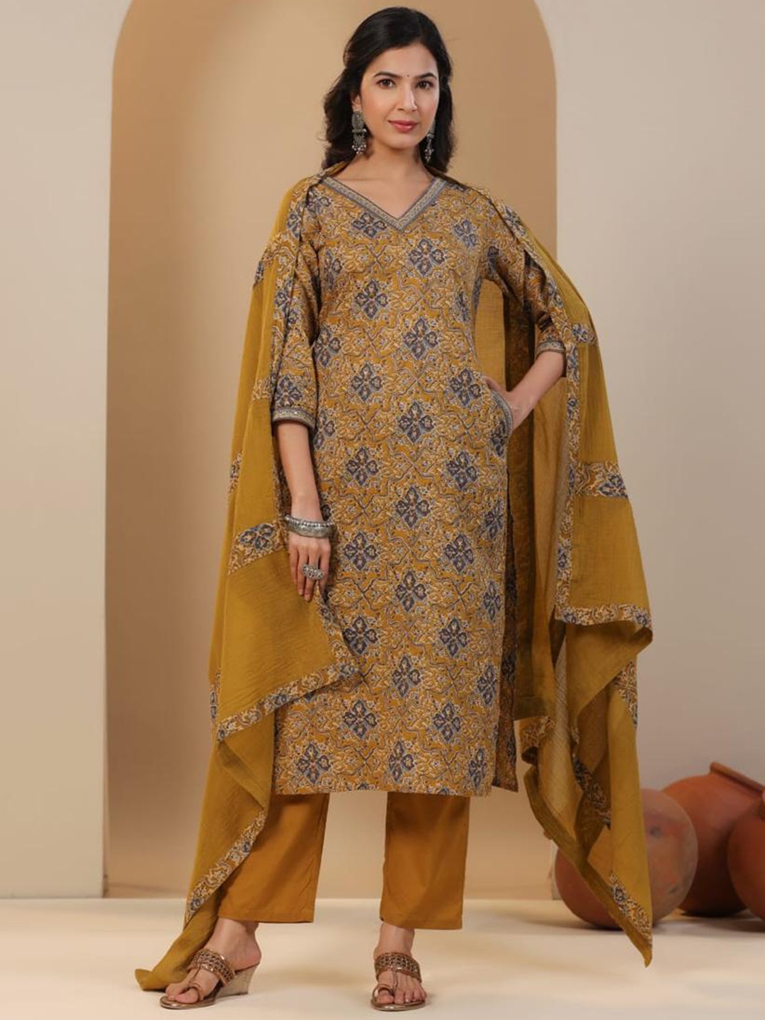 

KALINI Ethnic Motifs Printed Straight Sequinned Pure Cotton Kurta with Trousers & Dupatta, Yellow