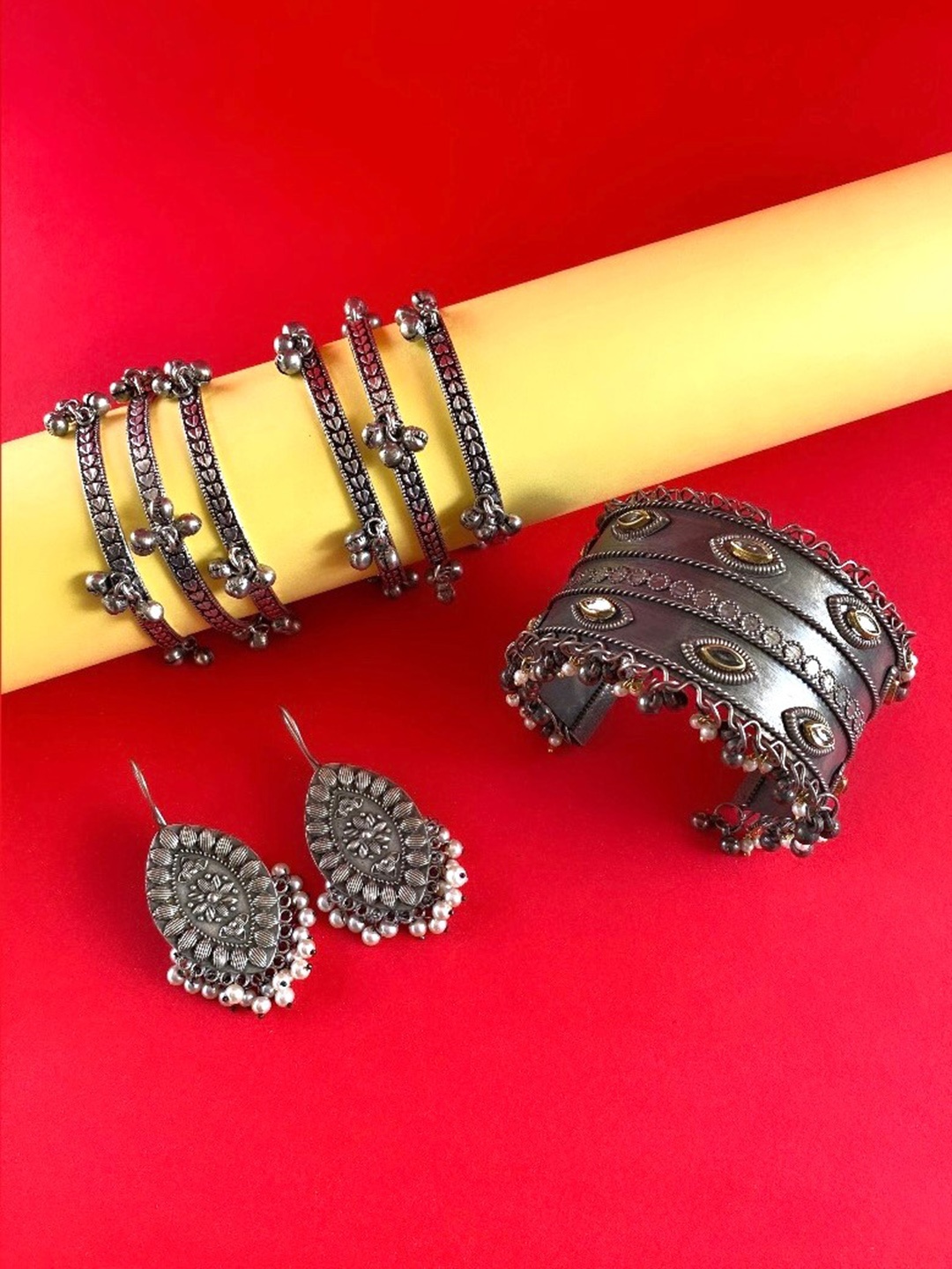 

ATIBELLE Silver-Plated Kundan-Studded Ghungroo Jewellery Set