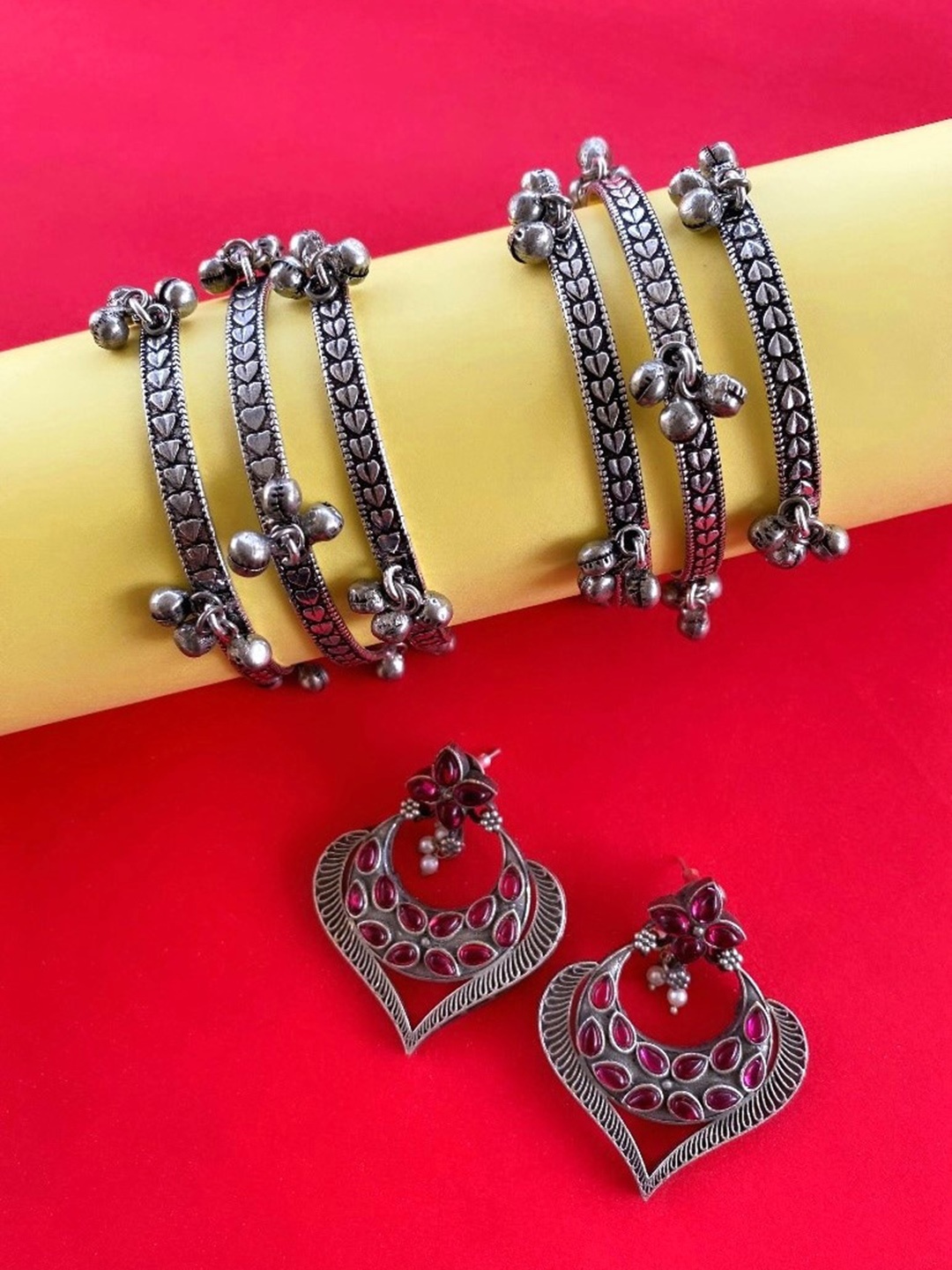 

ATIBELLE German Silver Silver-Plated Stone-Studded Jewellery Set