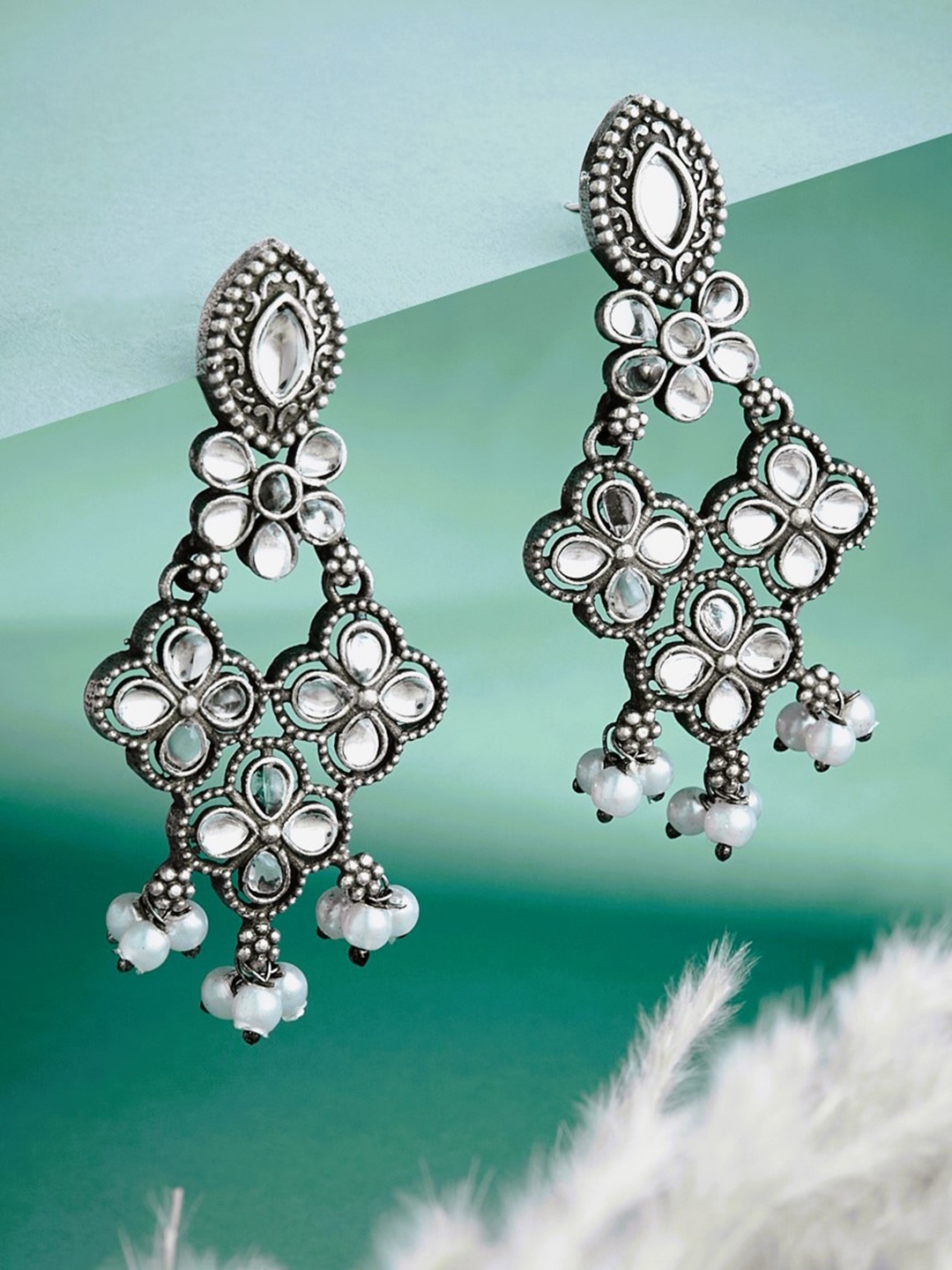 

ATIBELLE Silver Plated Kundan Studded Chandbalis