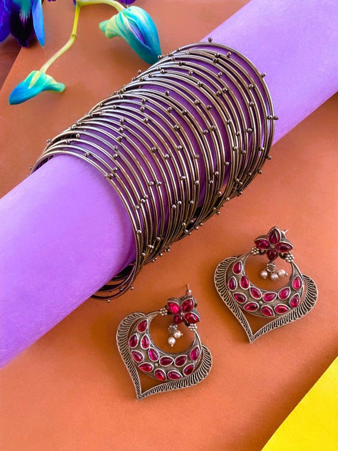 

ATIBELLE German Silver Silver-Plated Stone-Studded Jewellery Set