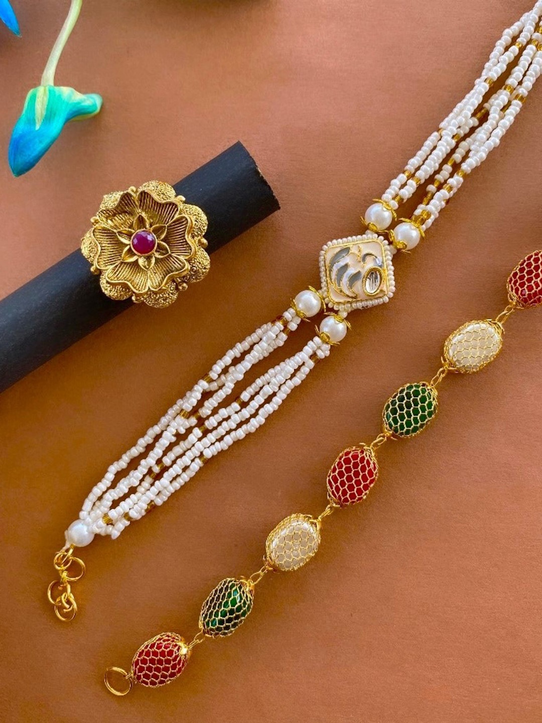 

ATIBELLE Set of 3 Gold-Plated Stone Studded Bracelet & Ring Jewellery Set