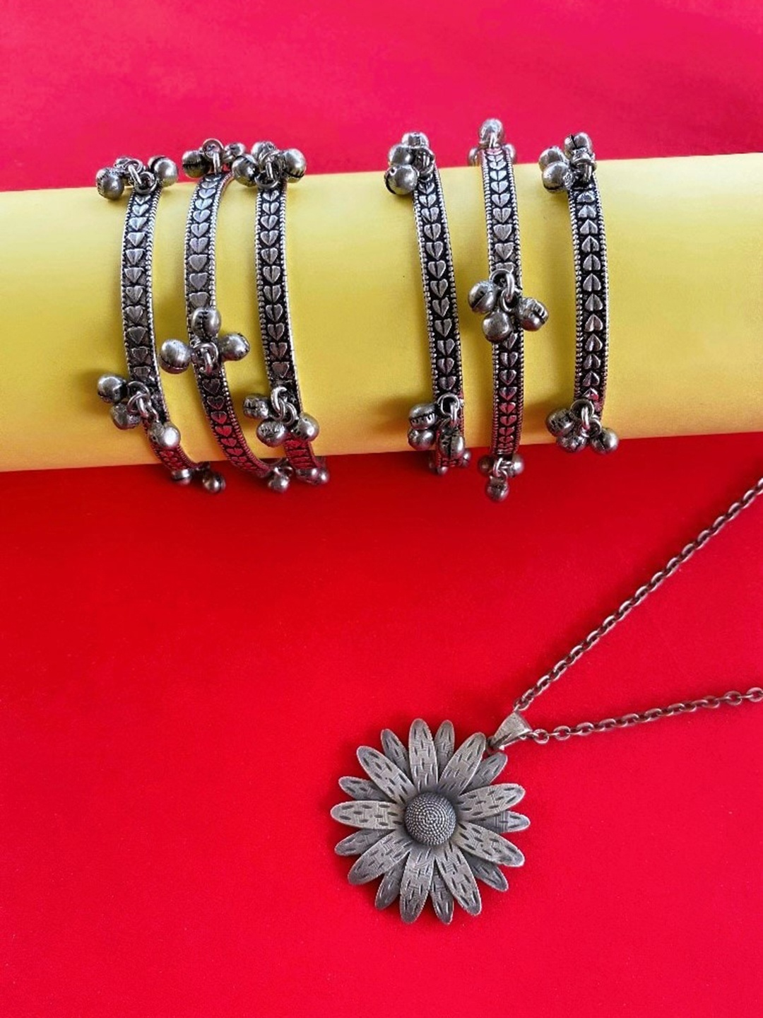 

ATIBELLE German Silver Silver-Plated Ghungroo Detail Floral Jewellery Set