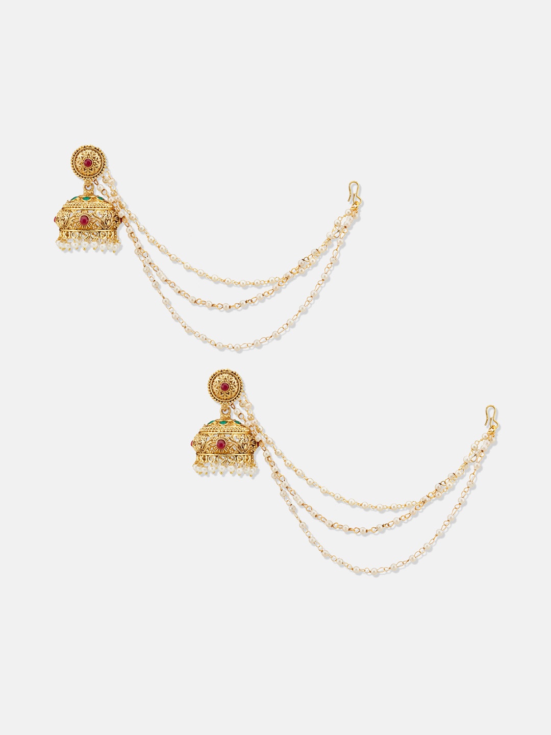 ATIBELLE Set Of 2 Gold-Plated Beaded & Stone Studded Dome Shaped Jhumkas with Earchain