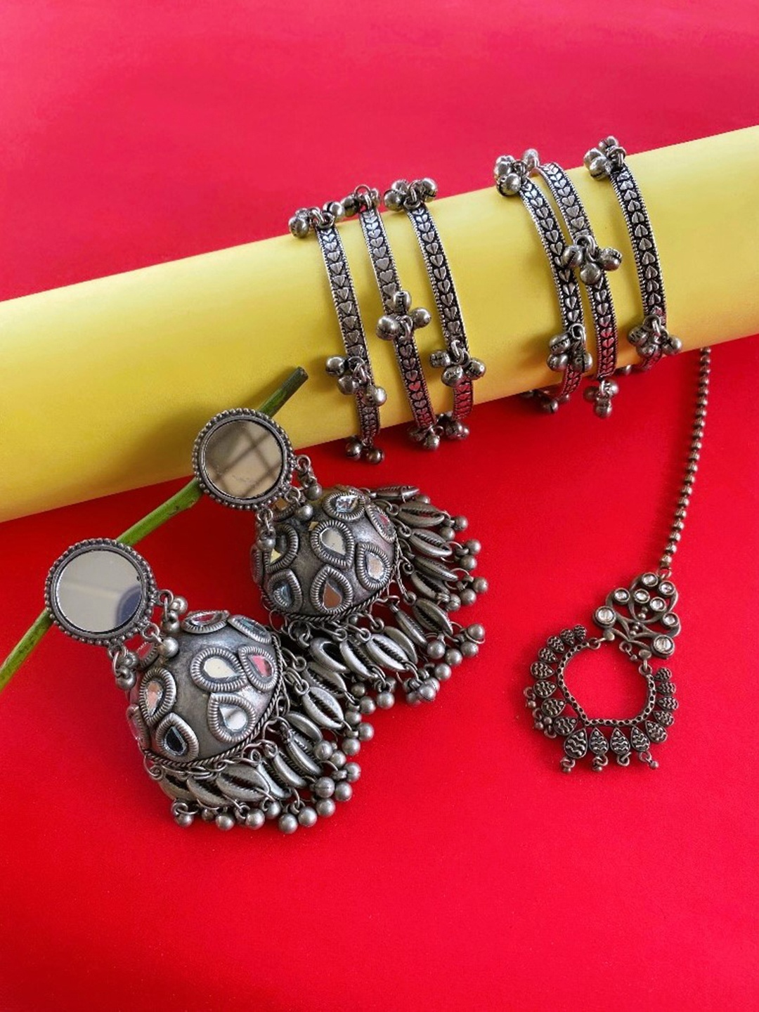 

ATIBELLE German Silver Silver-Plated Stone-Studded Jewellery Set