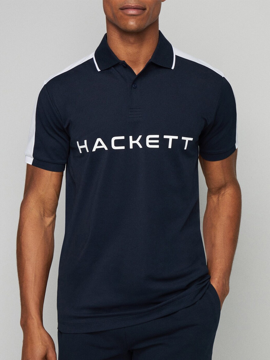 

HACKETT LONDON Colourblocked Polo Collar Cotton T-shirt, Navy blue