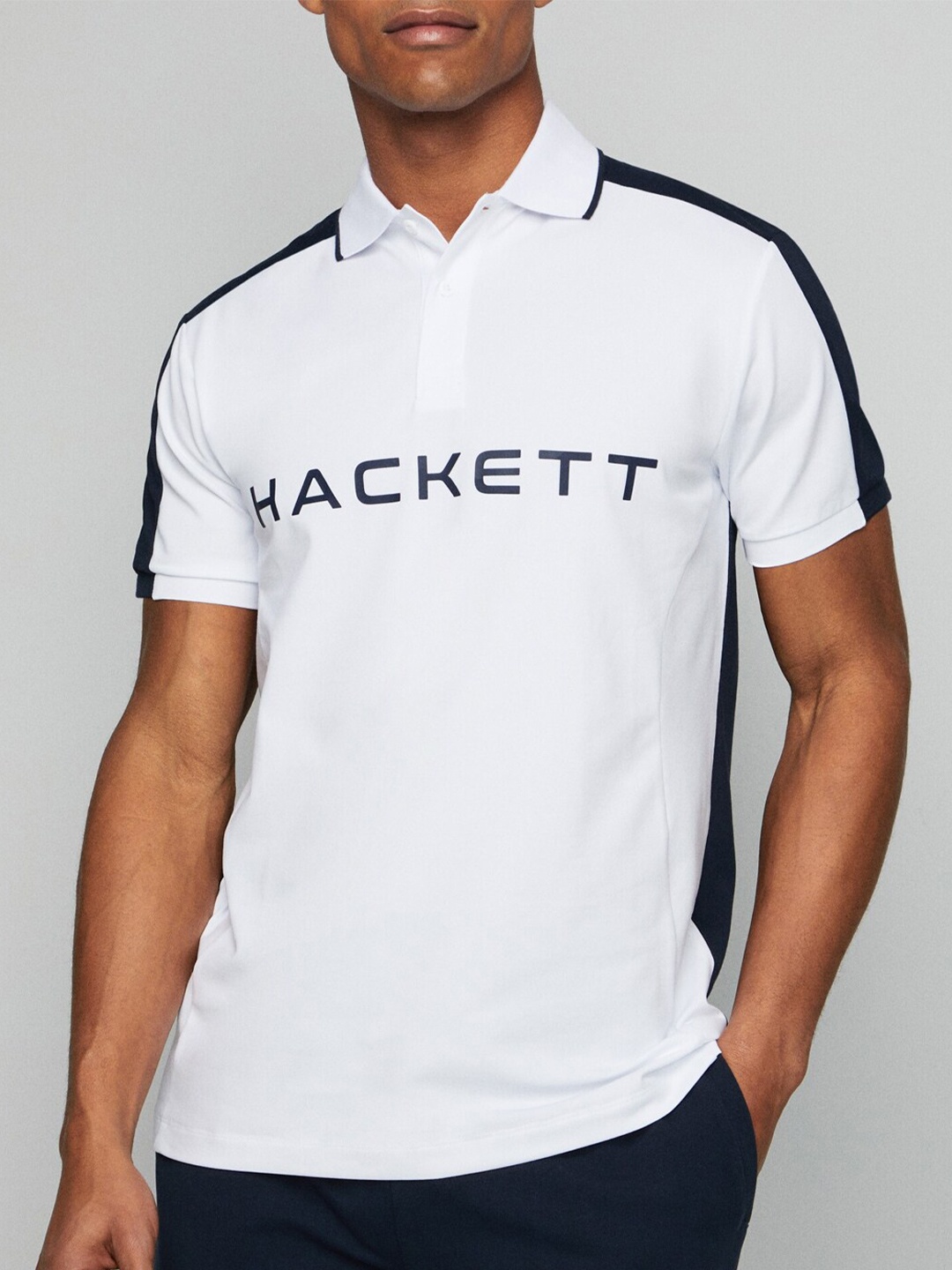 HACKETT LONDON Colourblocked Polo Collar Cotton T-shirt, White