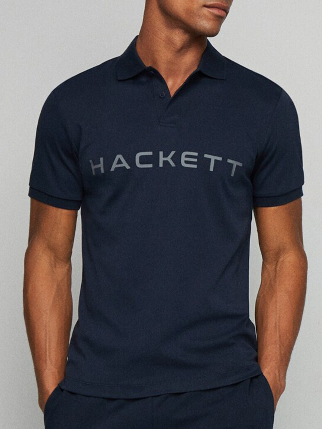 

HACKETT LONDON Typography Printed Polo Collar Cotton T-shirt, Navy blue