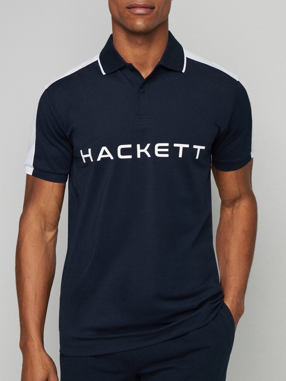 

HACKETT LONDON Typography Printed Polo Collar Short Sleeves Cotton Casual T-shirt, Navy blue
