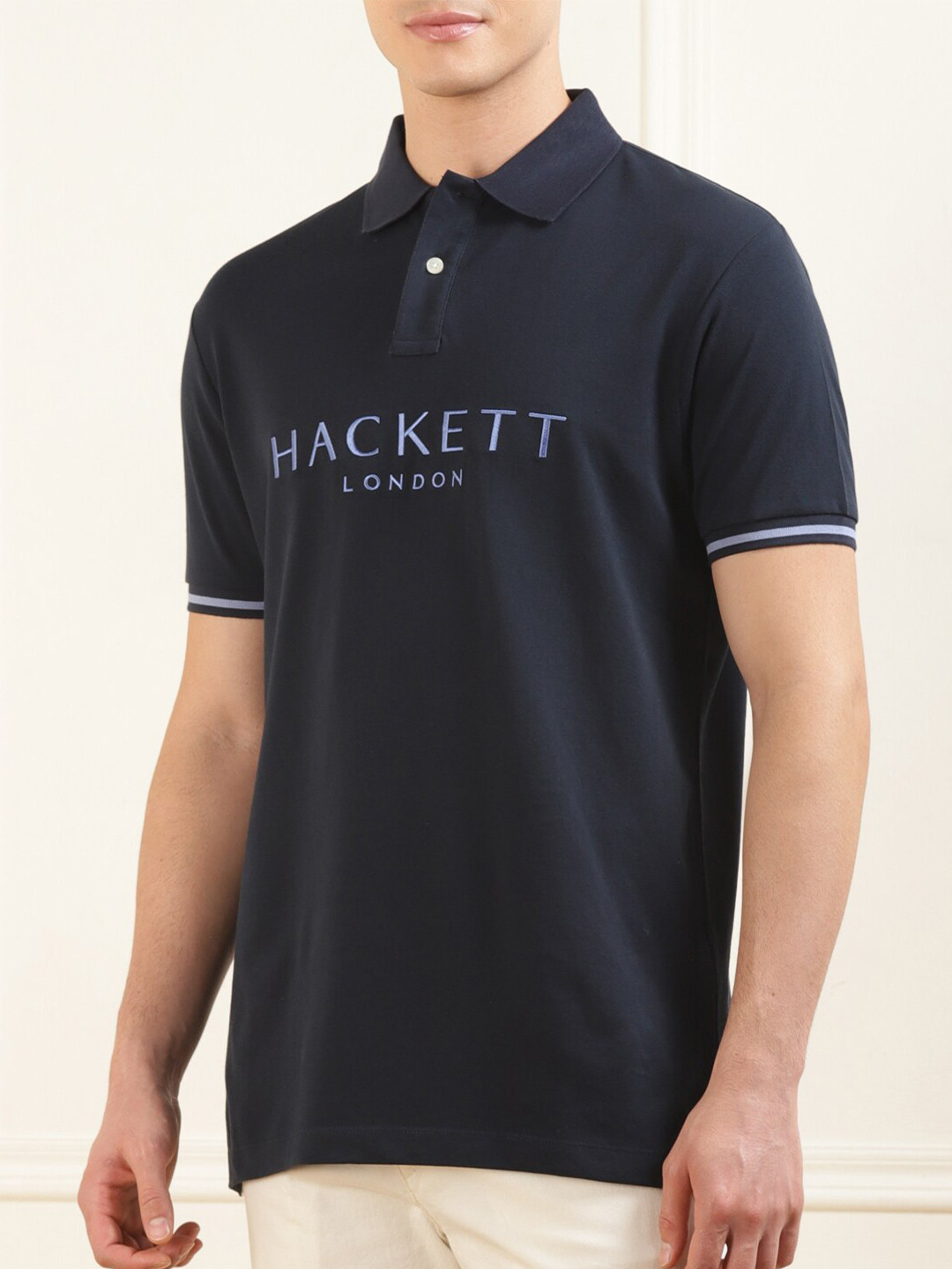 

HACKETT LONDON Typography Printed Polo Collar Short Sleeves Cotton Casual T-shirt, Navy blue