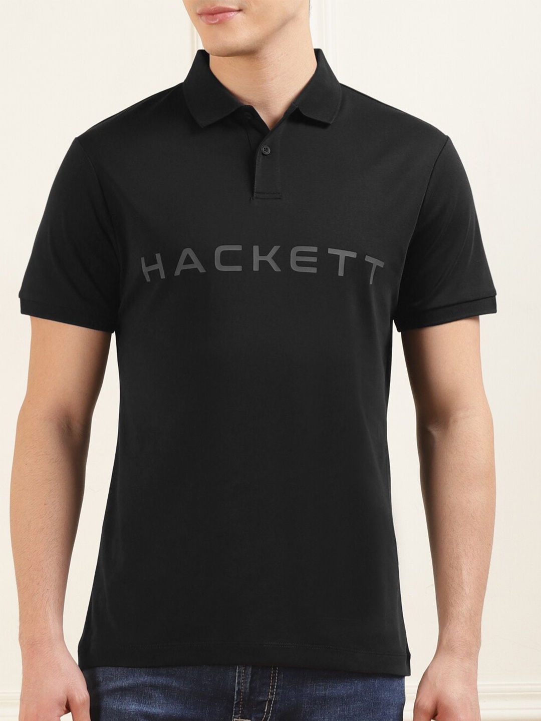 

HACKETT LONDON Typography Printed Polo Collar Cotton T-shirt, Black