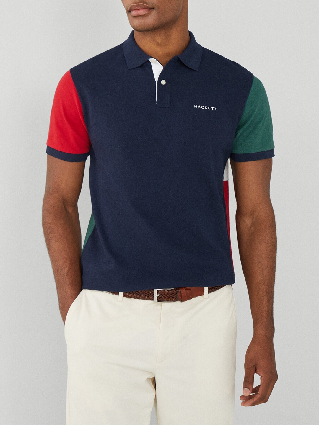 

HACKETT LONDON Colourblocked Polo Collar Short Sleeves Cotton Casual T-shirt, Navy blue