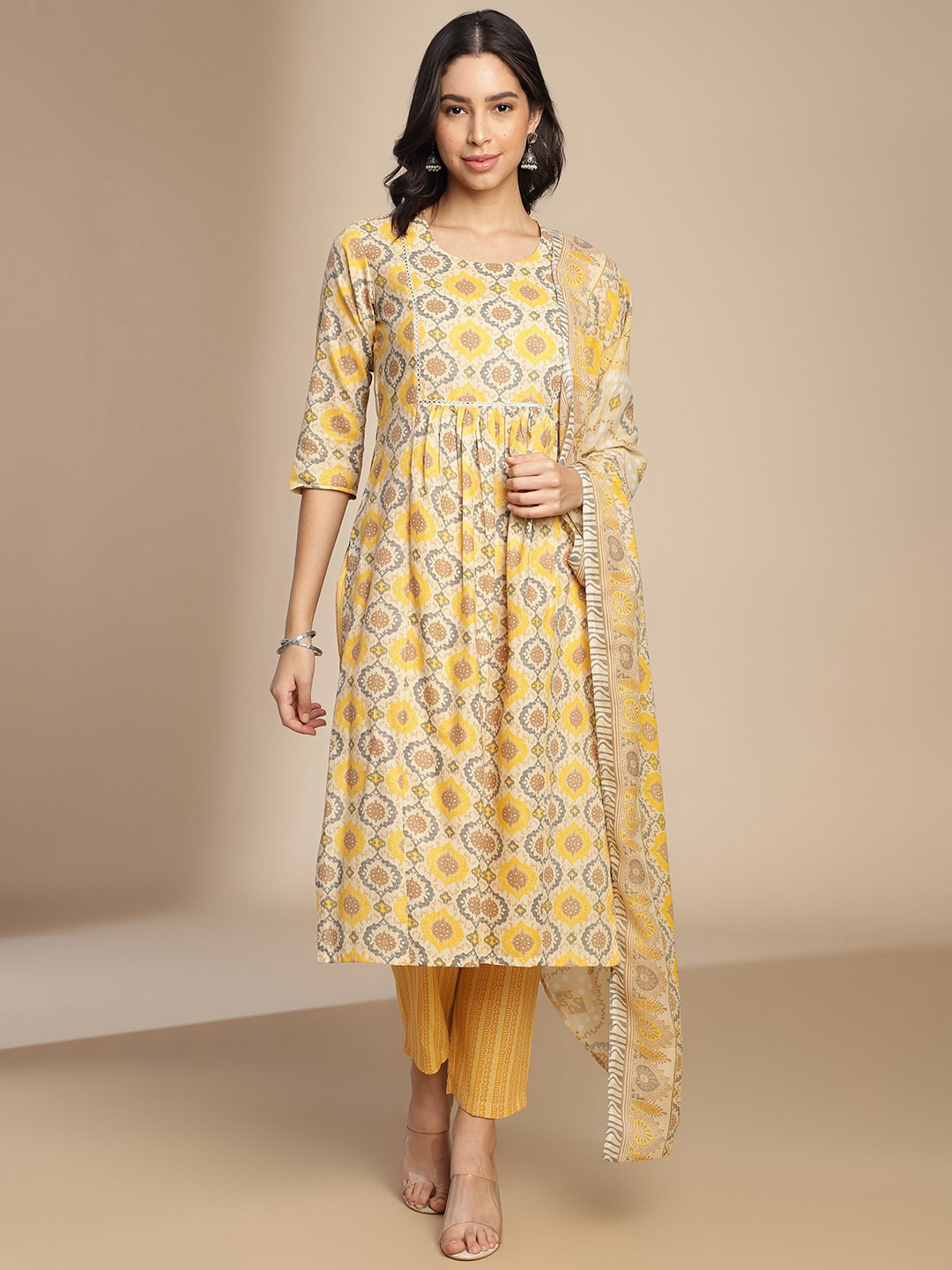 

KALINI Ethnic Motifs Printed Anarkali Kurta with Trousers & Dupatta, Yellow