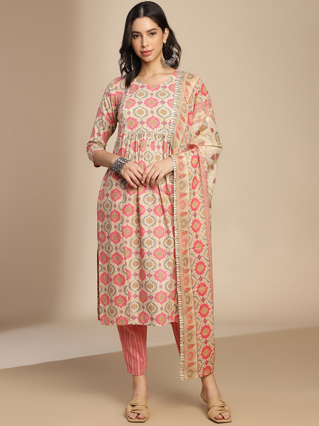 

KALINI Ethnic Motifs Printed Round Neck Straight Kurta with Trousers & Dupatta, Pink