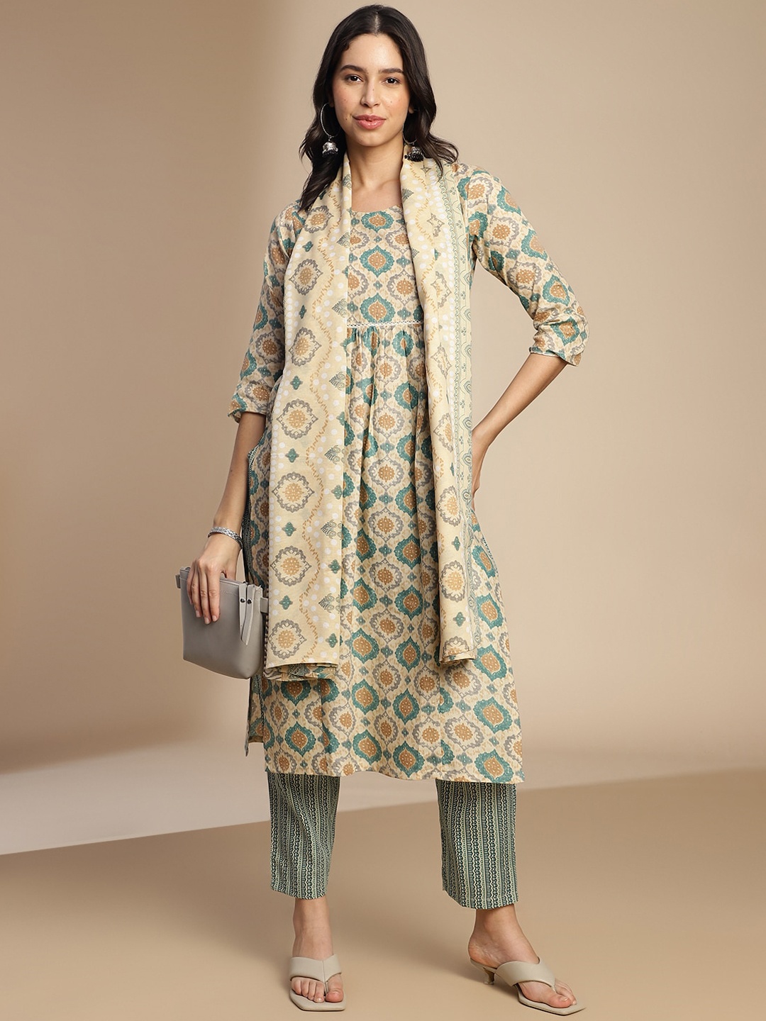 

KALINI Ethnic Motifs Printed Empire Kurta with Trousers & Dupatta, Green