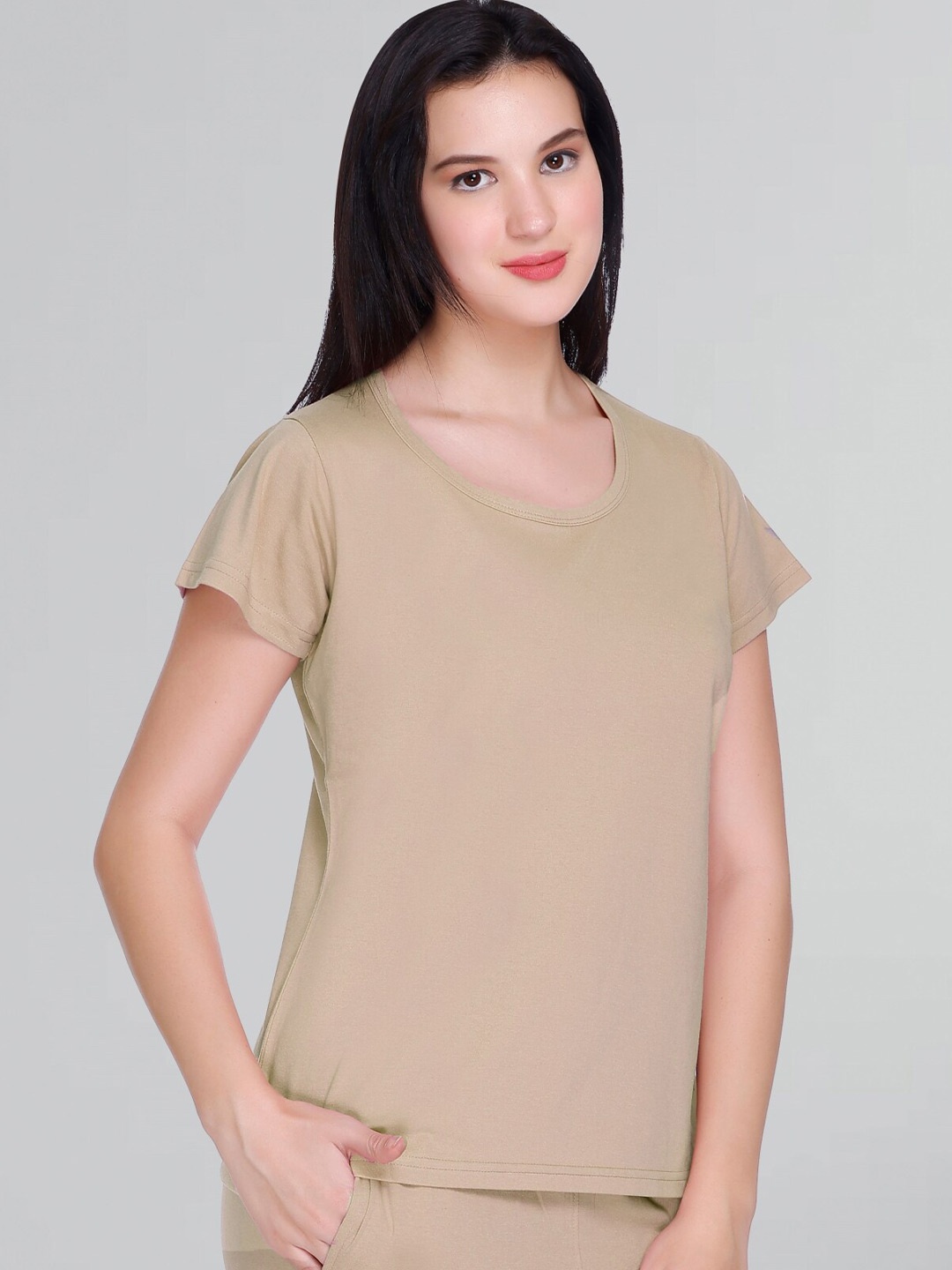 

GODFREY Women Round Neck Solid T-shirt, Beige
