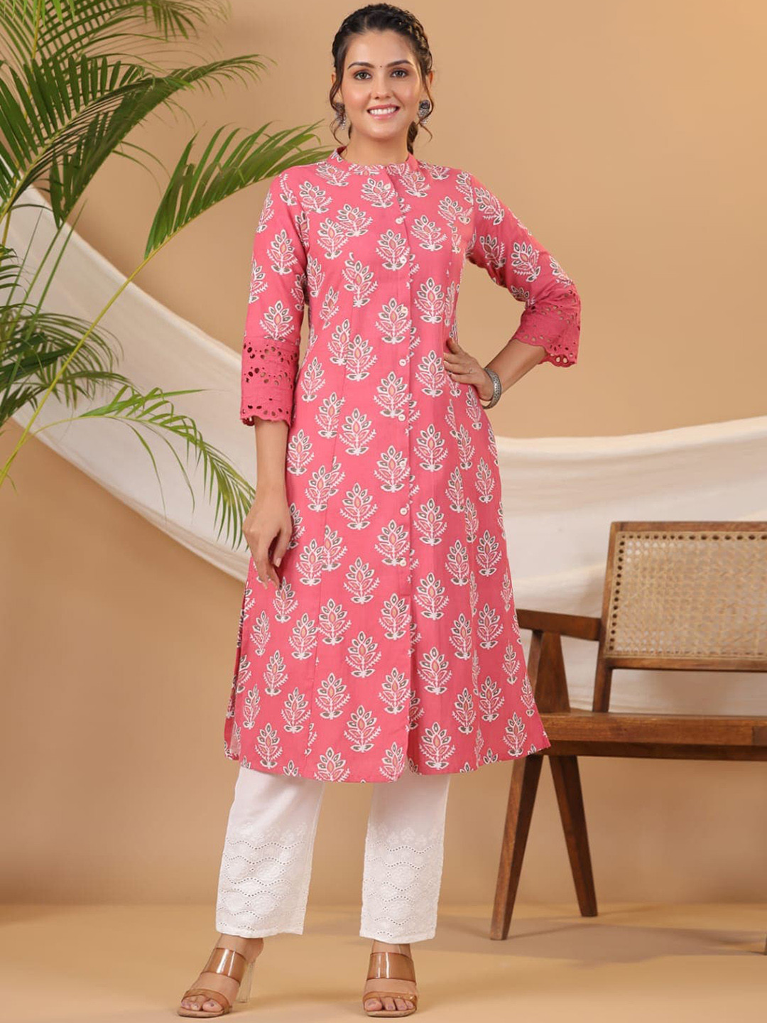 

KALINI Ethnic Motifs Printed Mandarin Collar A-Line Kurta, Pink