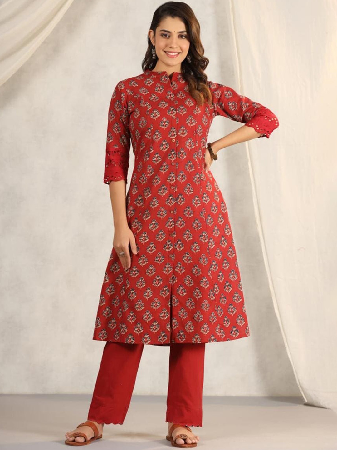 

KALINI Ethnic Motifs Printed Pure Cotton Mandarin Collar Anarkali Kurta, Red