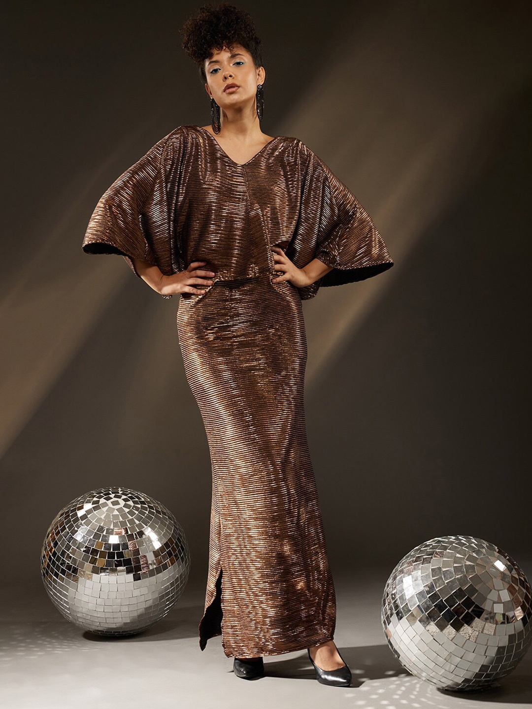 

BAESD V-Neck Embellished Kimono Sleeve Satin Maxi Dress, Gold