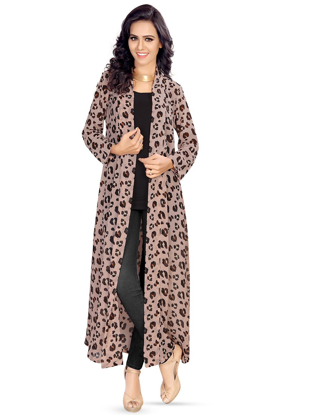 

Fashfun Animal Printed Open Front Longline Shrug, Brown