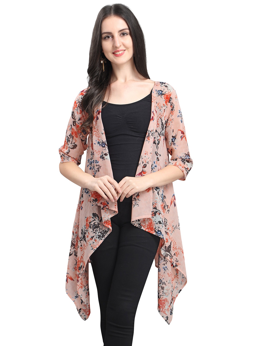 

Fashfun Women Printed Longline Open Front Shrug, Pink