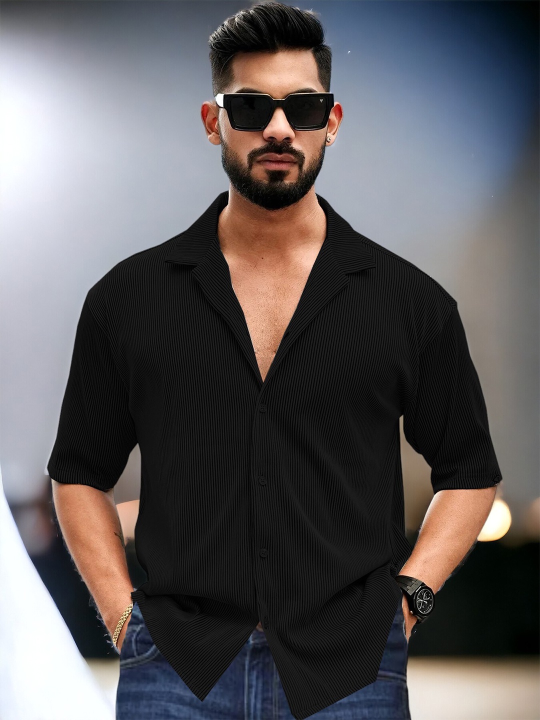 

CLAFOUTIS Relaxed Short Sleeve Button Down Shirt, Black