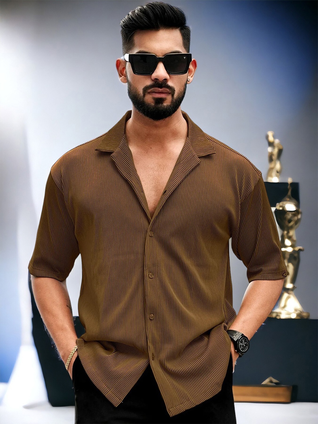 

CLAFOUTIS Relaxed Striped Short Sleeve Button Down Shirt, Brown