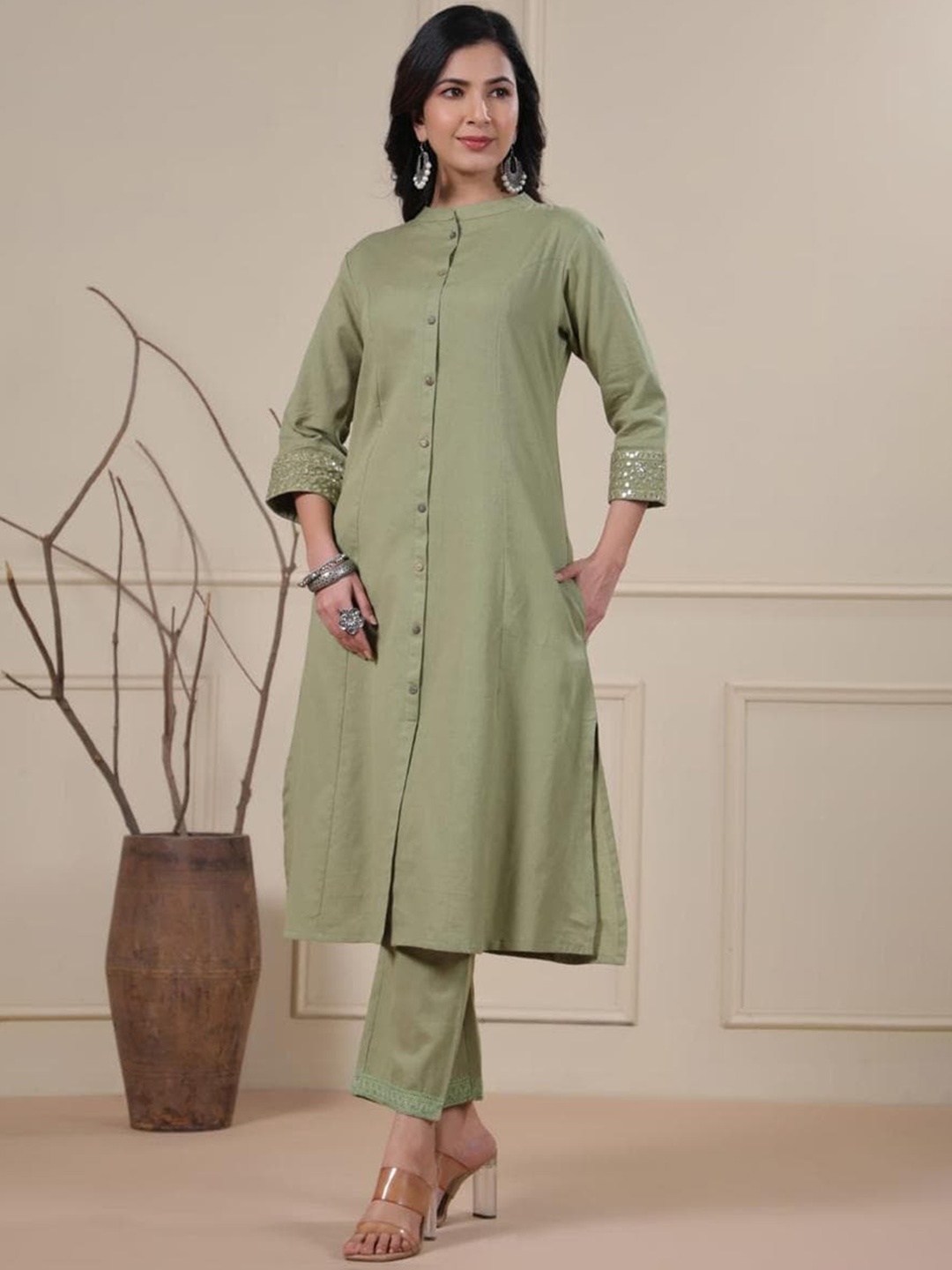 

KALINI Mandarin Collar Mirror Work Pure Cotton Kurta with Trousers, Olive