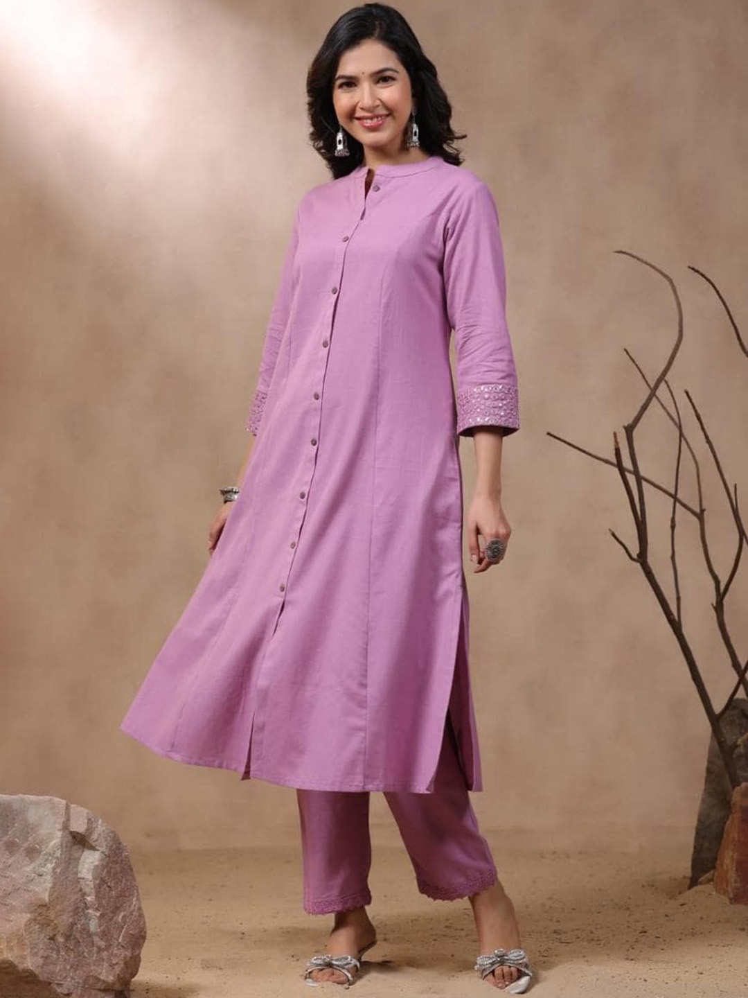 

KALINI Mandarin Collar Mirror Work Pure Cotton Kurta with Trousers, Lavender