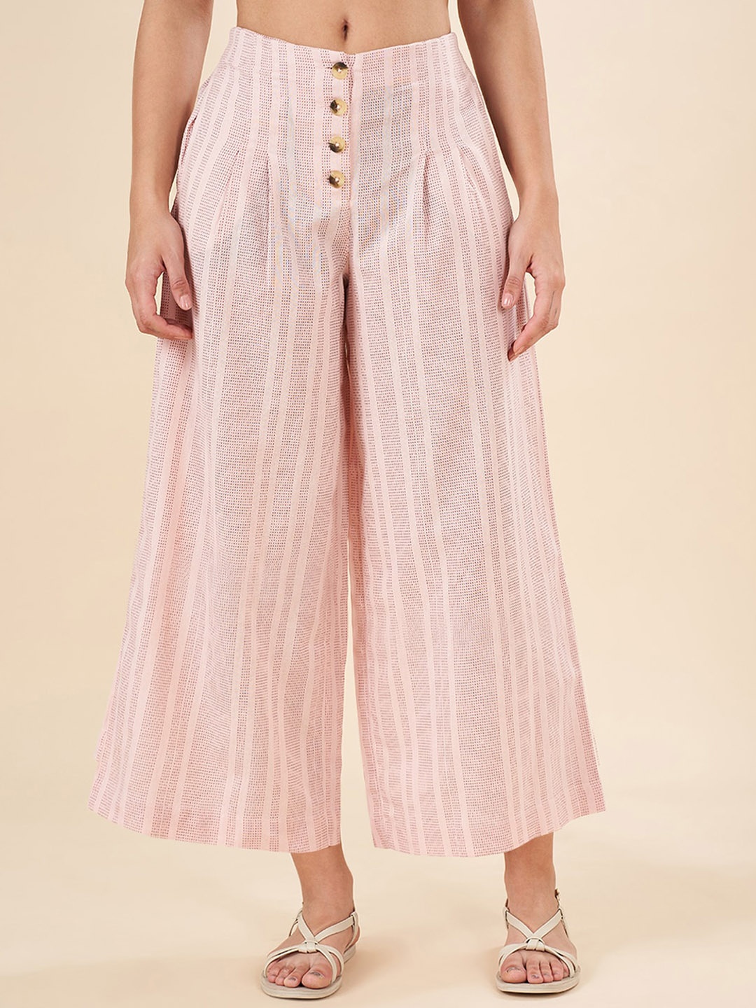 

AKKRITI BY PANTALOONS Women Striped Pleated Trouser, Pink