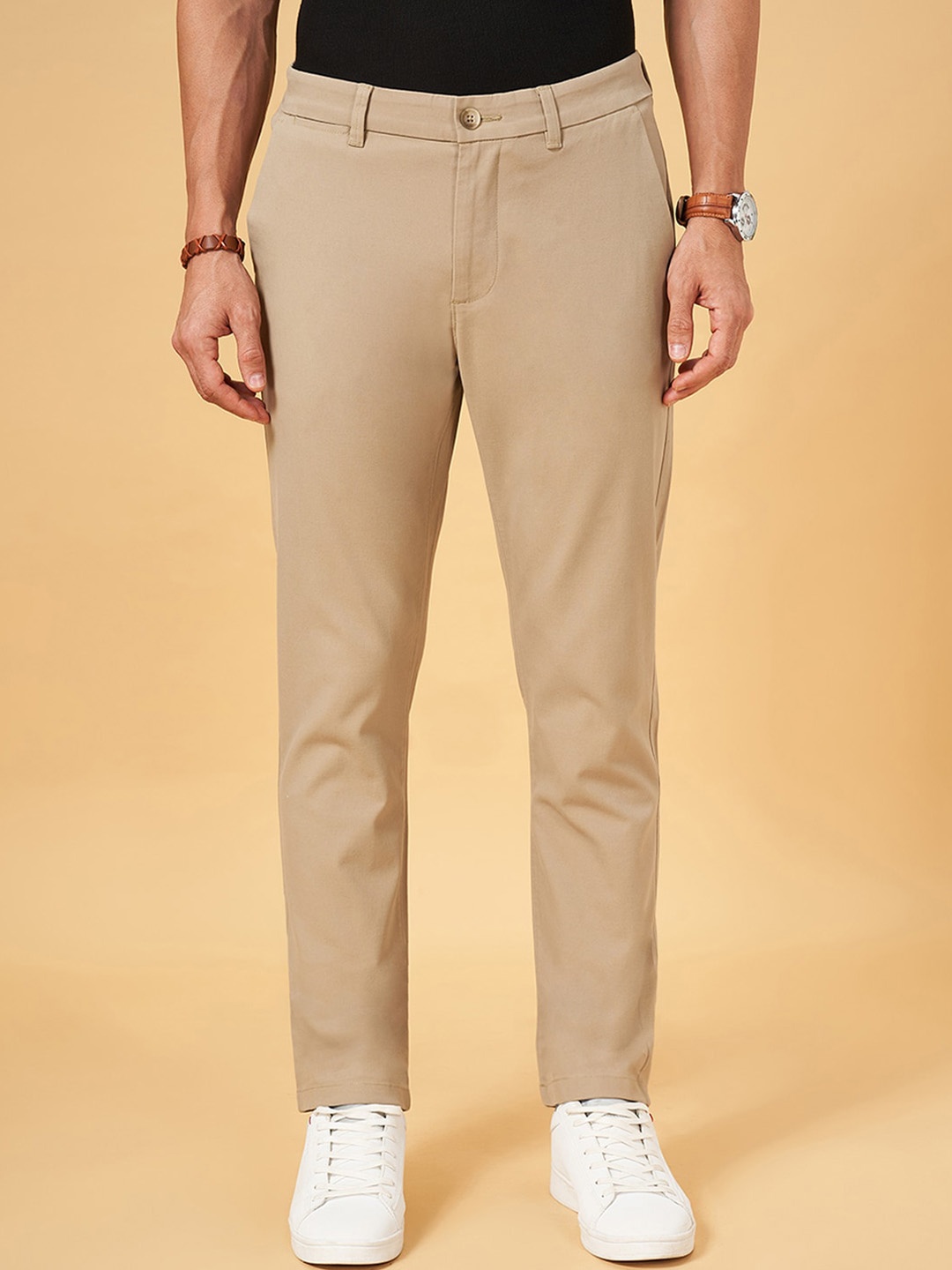 

BYFORD by Pantaloons Men Slim Fit Mid-Rise Cotton Regular Trousers, Khaki