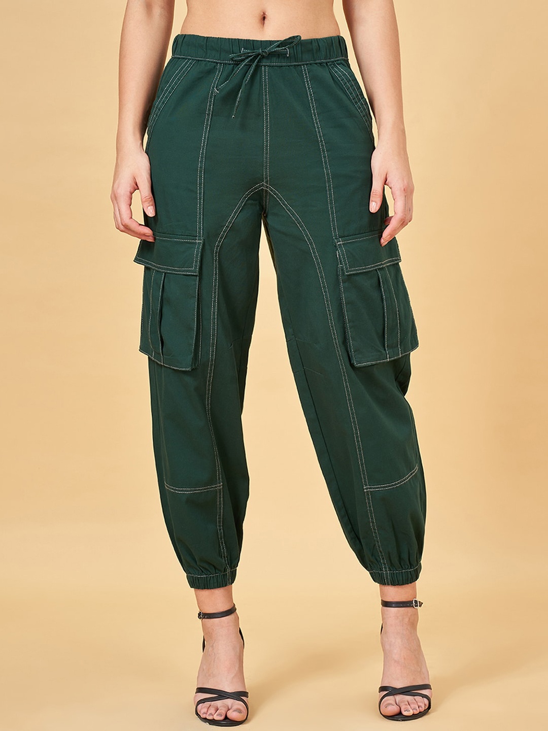 

SF JEANS by Pantaloons Women Cotton High-Rise Joggers Trousers, Green