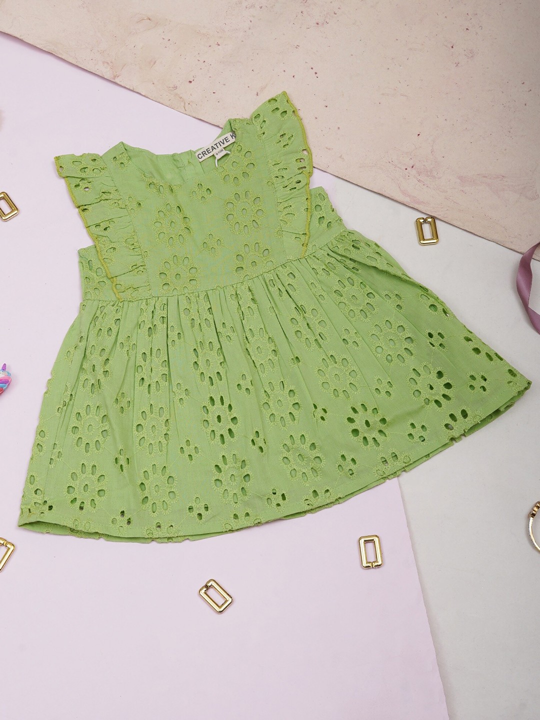 

Creative Kids Girls Floral Self Design Round Neck Cotton A-Line Dress, Green