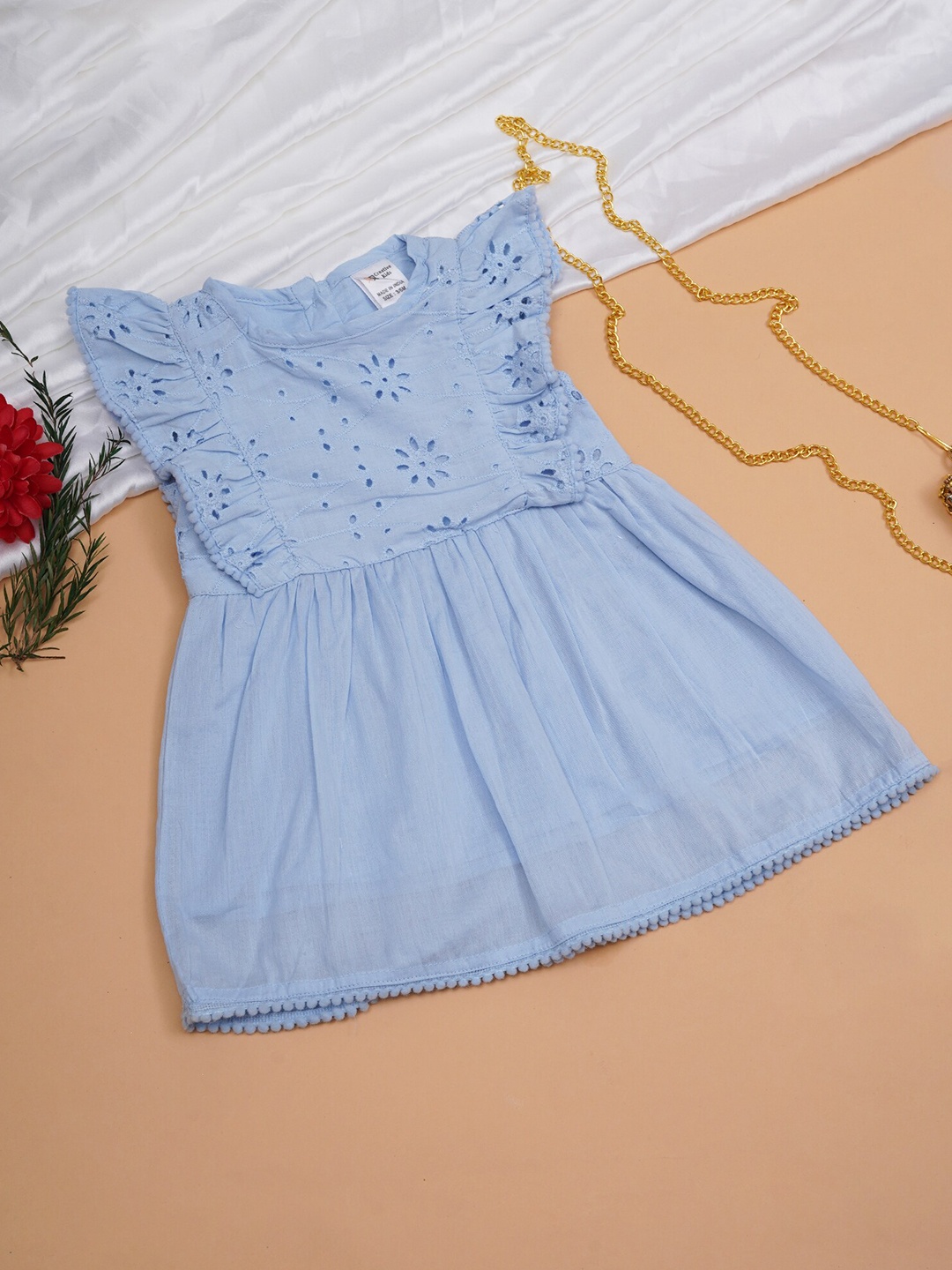 

Creative Kids Girls Floral Self Design Round Neck Cotton A-Line Dress, Blue