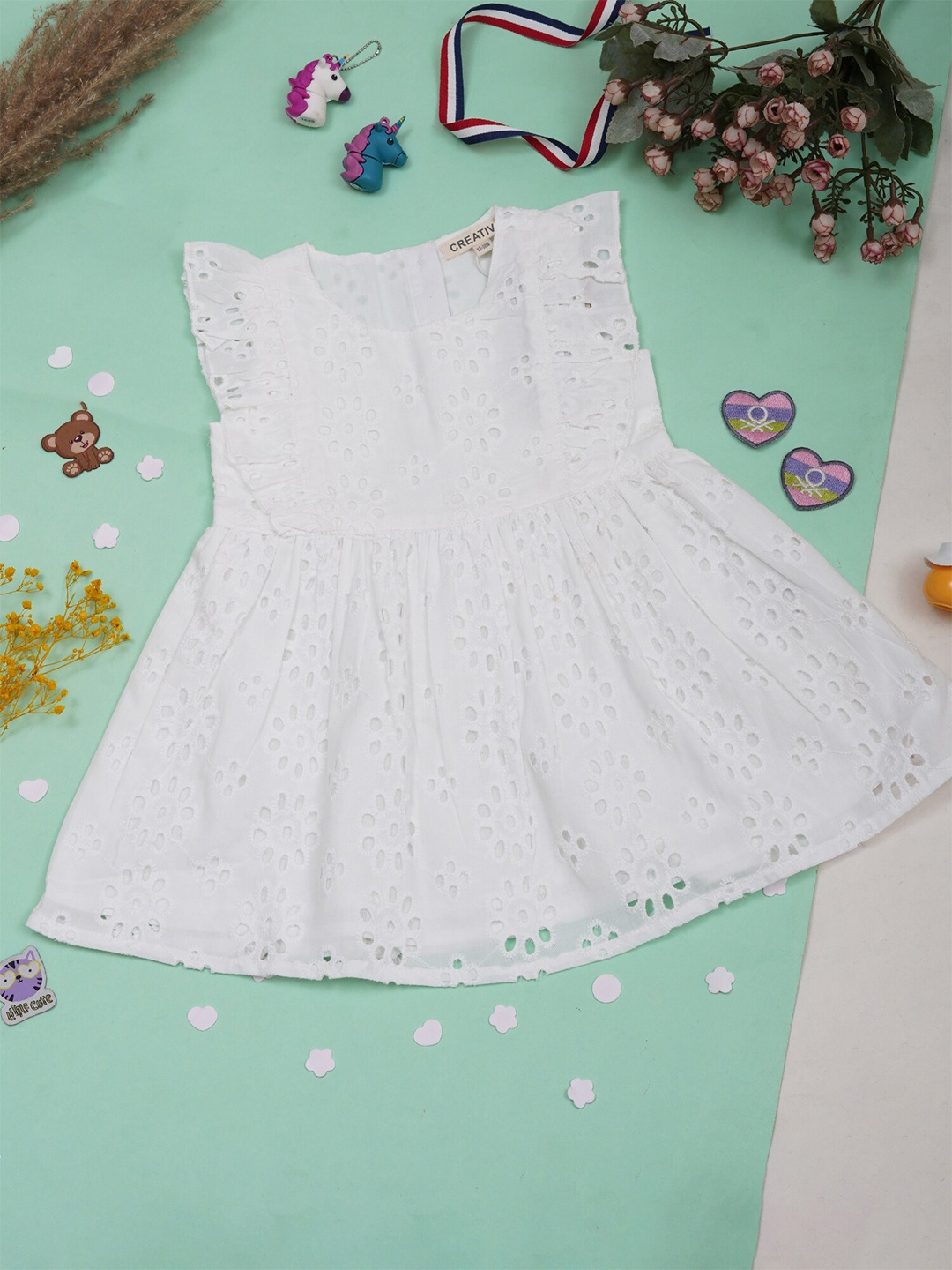 

Creative Kids Girls Floral Printed Round Neck Flutter Sleeve Cotton Fit & Flare Dress, White