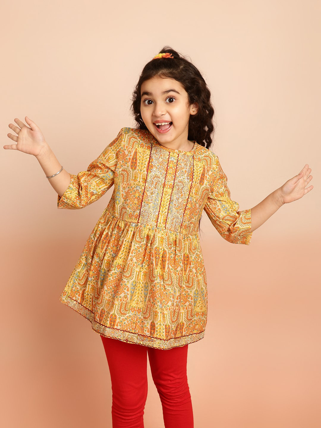 

BAESD Girls Ethnic Motifs Printed Thread Work Round Neck Embroidered A-Line Kurti, Yellow