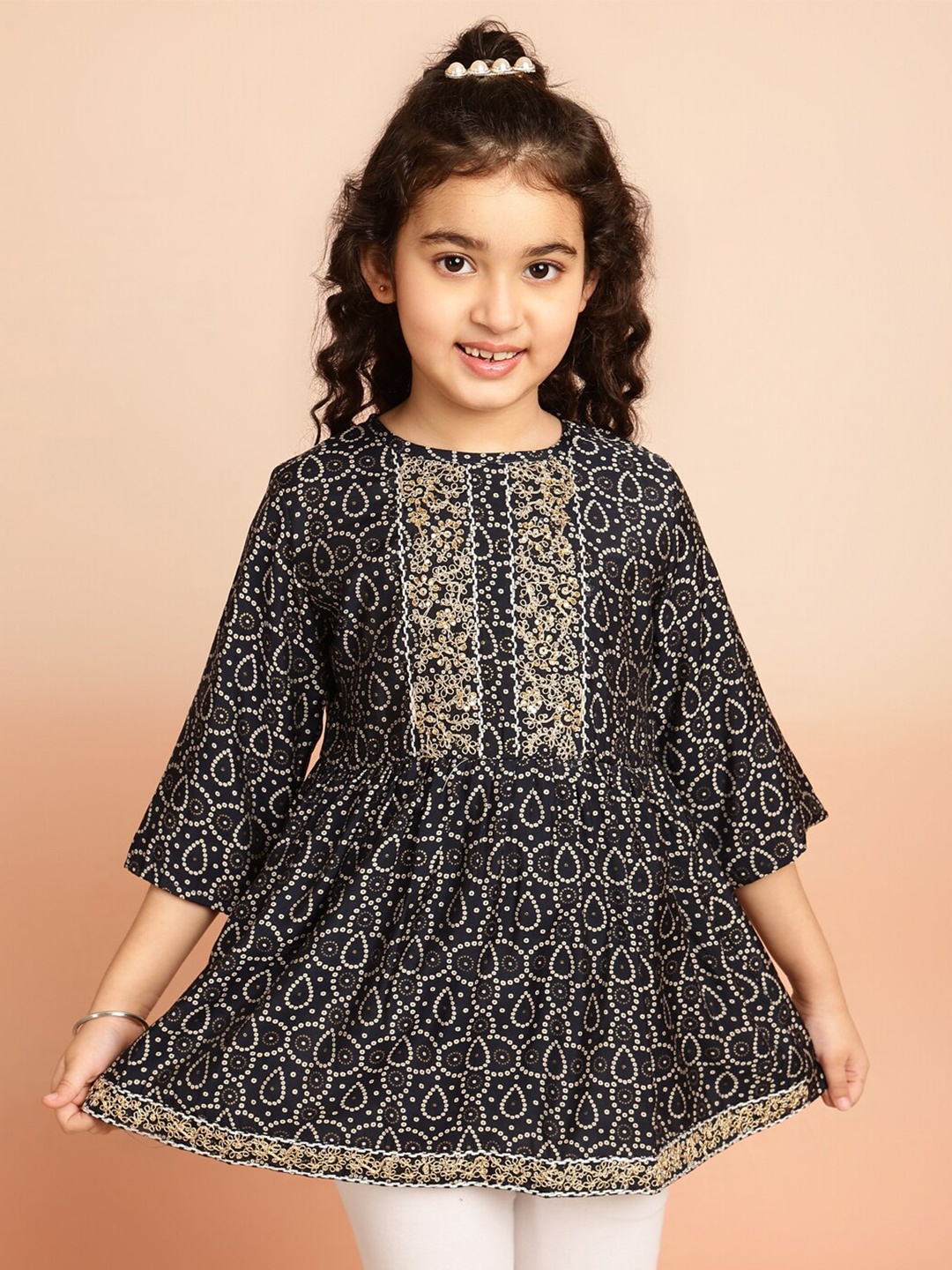 

BAESD Girls Bandhani Printed Beads and Stones Empire A-Line Kurti, Black