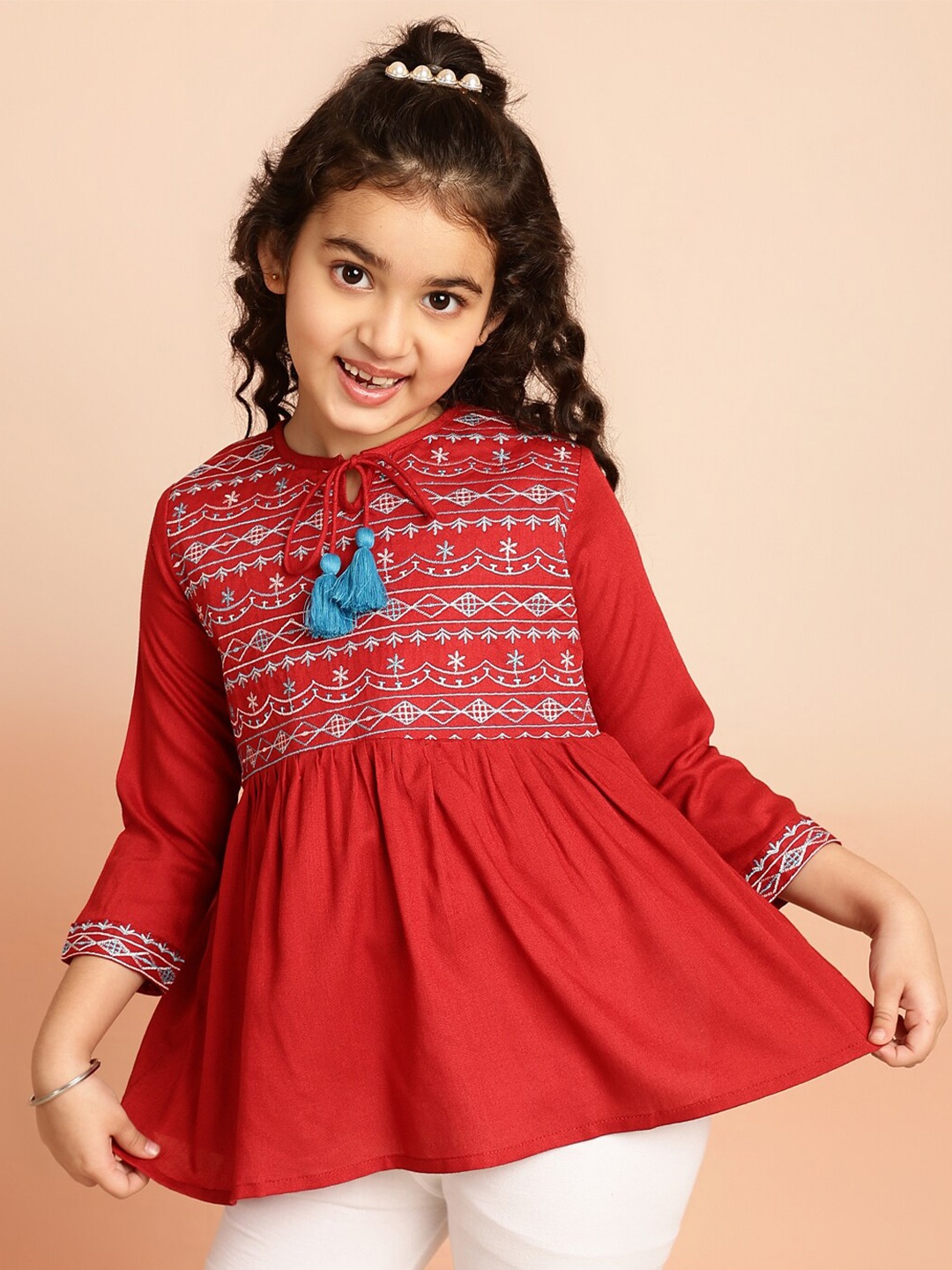 

BAESD Ethnic Motifs Embroidered Tie-Up Neck Bell Sleeves A-Line Top, Maroon