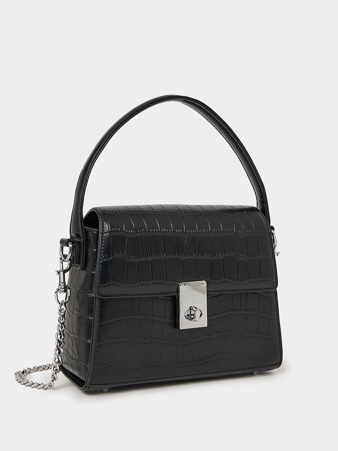 

Styli Black Animal Textured Structured Twisted Lock Handheld Bag