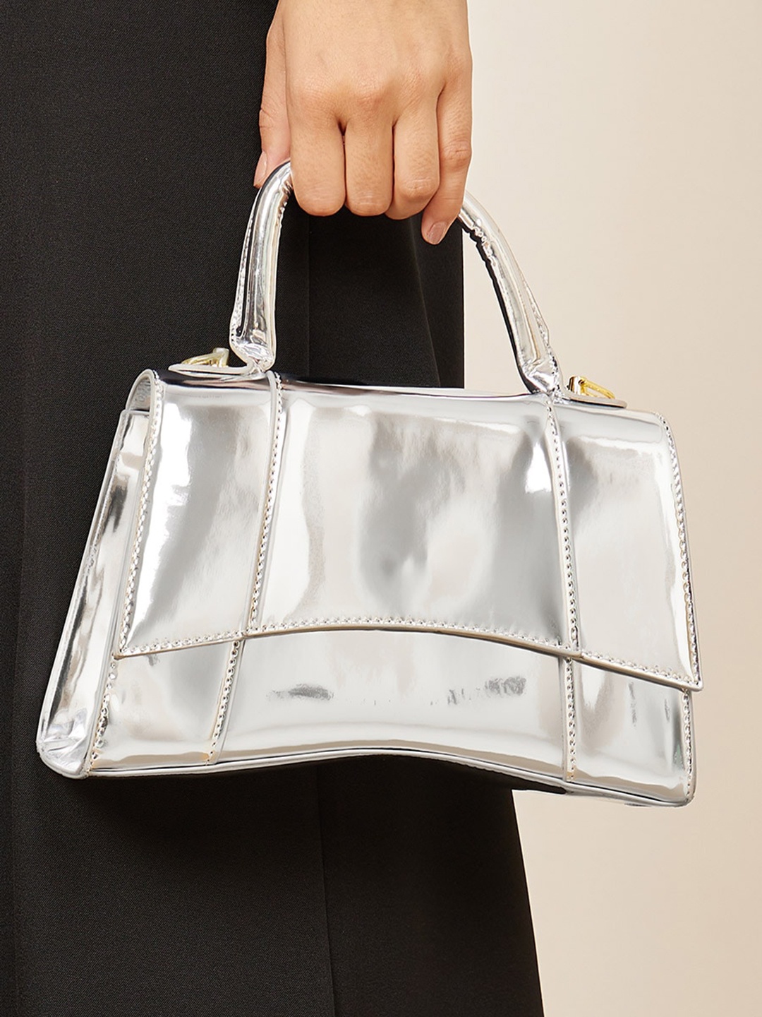 

Styli Silver Toned Structured Metallic Handheld Bag