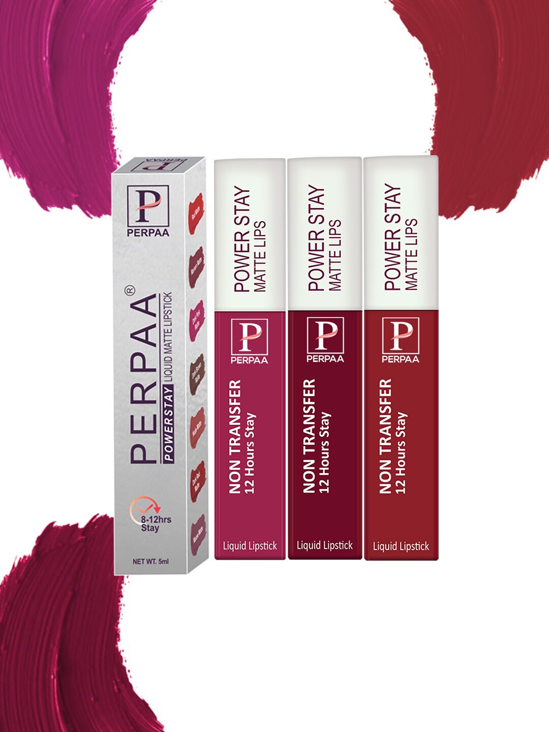 

PERPAA Power Stay Set Of 3 Liquid Matte Lipstick - 5ml Each -Dark Pink-Brown-Red, Multi